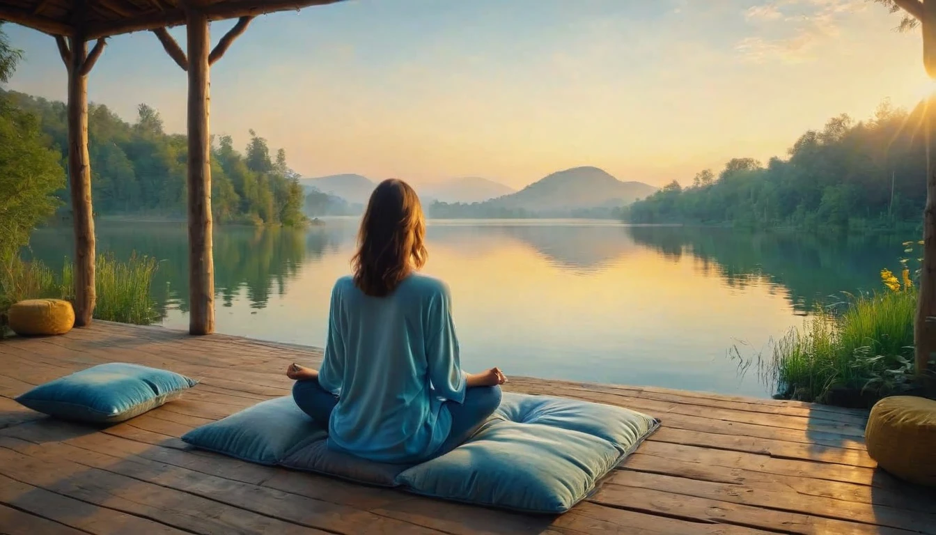 A woman filmed with her back facing the sunrise in a meditative position with nature and a calm lake around her, the woman is sitting on a rug and a cushion on a wooden pier, a color palette s]in shades of blue and yellow.. ultra realistic image,