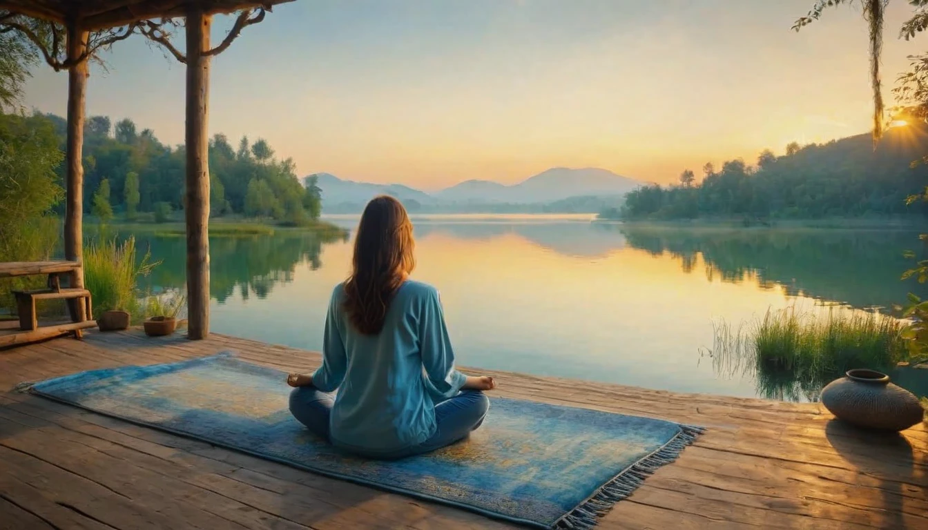 A woman filmed with her back facing the sunrise in a meditative position with nature and a calm lake around her, the woman is sitting on a rug and a cushion on a wooden pier, a color palette s]in shades of blue and yellow.. ultra realistic image,