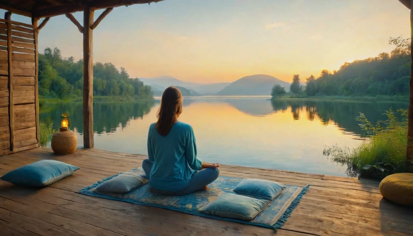 A woman filmed with her back facing the sunrise in a meditative position with nature and a calm lake around her, the woman is sitting on a rug and a cushion on a wooden pier, a color palette s]in shades of blue and yellow.. ultra realistic image,