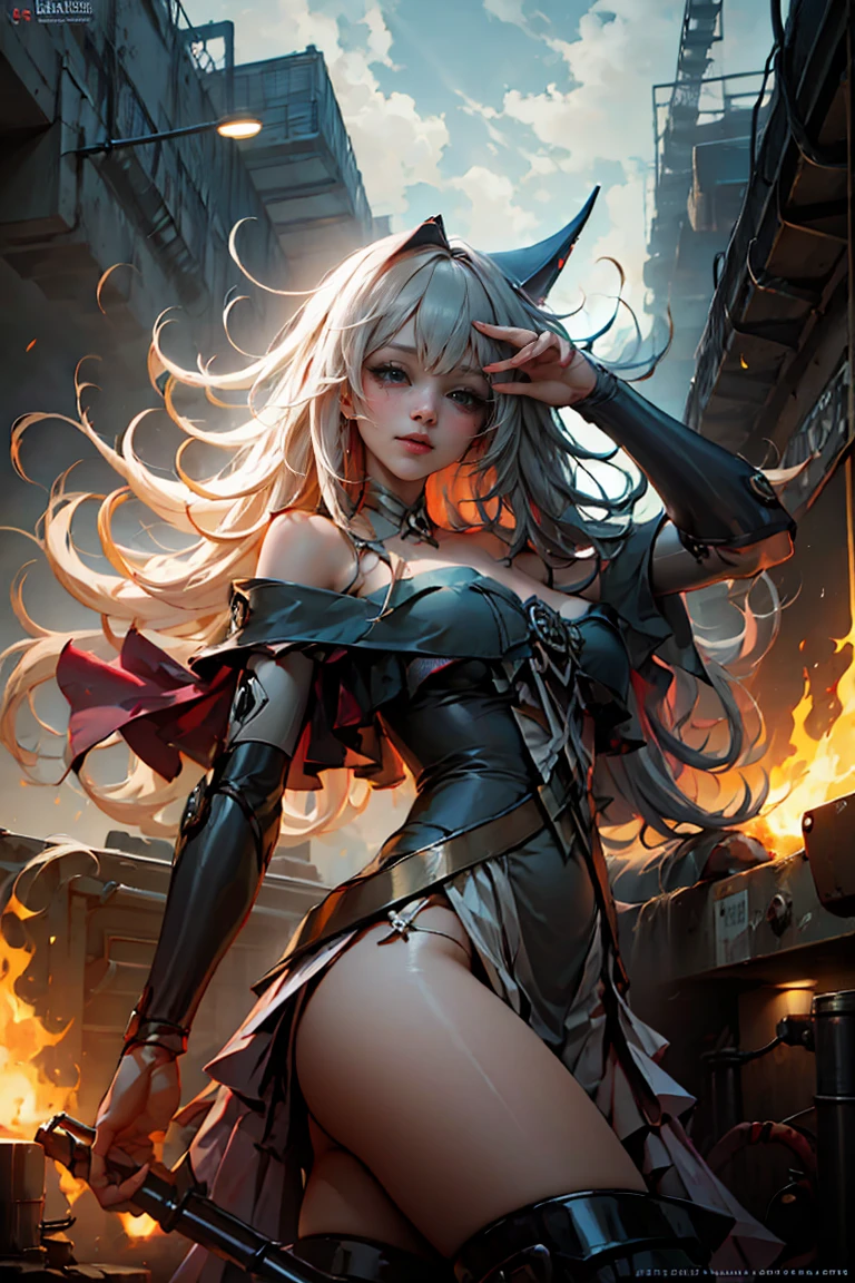 Masterpiece, The best quality,
1Girl Dark Wizard Gils, only, long hair, blond hair, photorealistic, 
(Beautiful finely detailed eyes: 1.2),open clothing, bright Eyes, shiny hair, Glossy skin, Metal construction, wires and cables, (bright Eyes), (mechanical arms), Science fiction,(Large mecha arm),cowboy shot, energy tank,