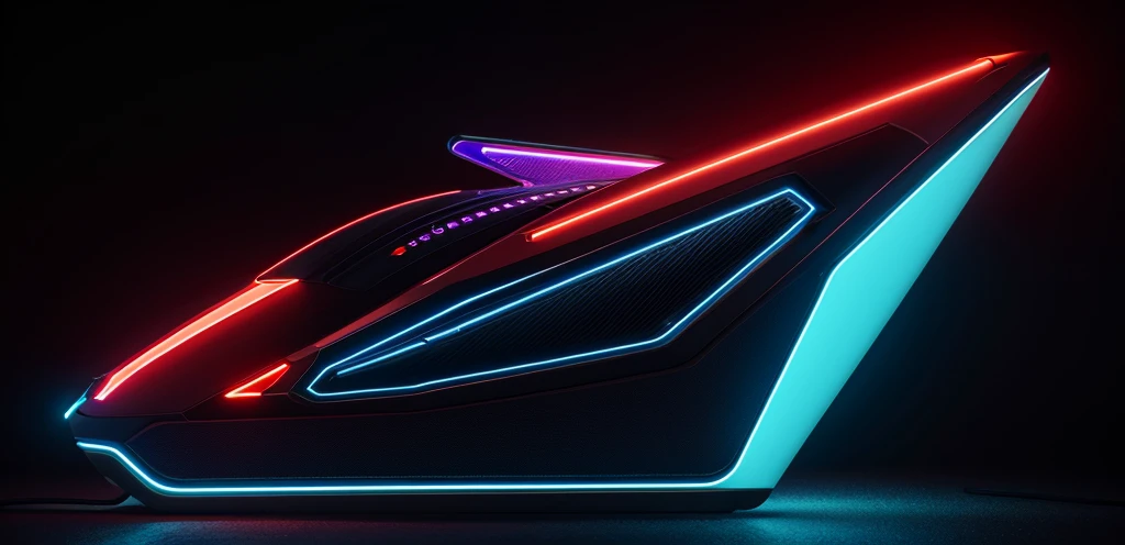 a futuristic spaceship, detailed machinery and technology, side view, photorealistic, cinematic lighting, glowing neon lights, metallic textures, intricate mechanical design, advanced propulsion system, digital art, concept art style, vibrant colors, dynamic composition, dramatic atmosphere, high quality, 8k