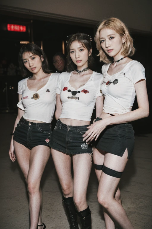 (Original Photography:1.3), dramatic,best quality, Very detailed, high resolution, best quality, Original Photography, Super Detail, (Delicate face), (Delicate eyes) ,blonde,Stylish hairstyle,(Beautiful short skirt、Very detailed的T恤:1.1),rebellious, (((3 Women站在一起:1.3))),Korean female star,fashion model,Bare back, 3 Women. Cleavage,(((Complex T-shirt、Cartoon、badge、Bow))),Beautiful buttocks,Slender long legs,High heel,Standing,(((Facing the audience)))