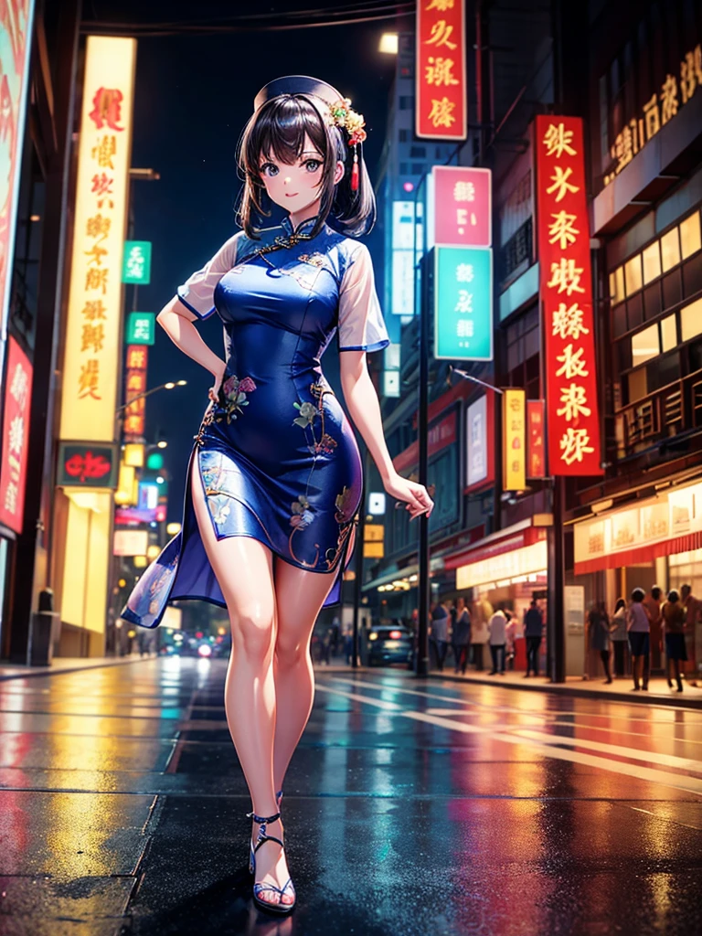 Highest quality,Highest Resolution,Beautiful girl in cheongsam,Walk through the downtown area at night,