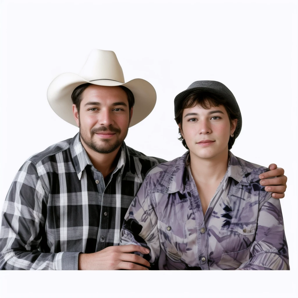 They are posing for a photo with a cowboy hat., couples portrait, portrait of two people, A Man and a Woman