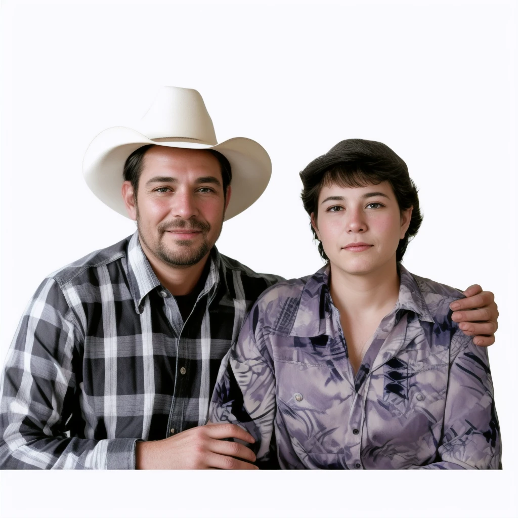 They are posing for a photo with a cowboy hat., couples portrait, portrait of two people, A Man and a Woman