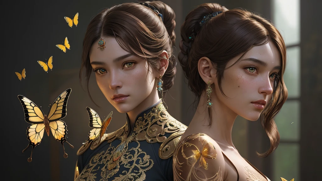 8k portrait of a beautiful brown haired cyborg, Complex, elegant, Very detailed, Majestic, Digital photography, ArtJam、Luan Jia、Surreal paintings by Greg Rutkowski、Golden butterfly filigree, Broken glass, (masterpiece, Side Lighting, Beautiful, detailed eyes: 1.2), High resolution, (Detailed background windows take on a new dimension, plants and flowers:0.7) unlimited, unlimitedのシンボル,