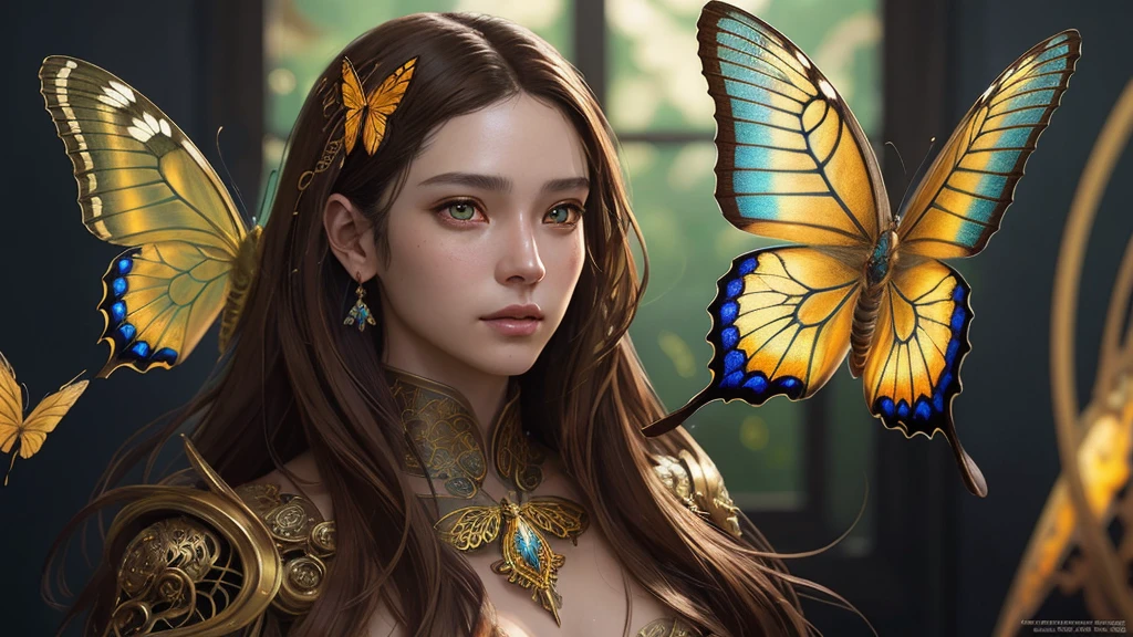 8k portrait of a beautiful brown haired cyborg, Complex, elegant, Very detailed, Majestic, Digital photography, ArtJam、Luan Jia、Surreal paintings by Greg Rutkowski、Golden butterfly filigree, Broken glass, (masterpiece, Side Lighting, Beautiful, detailed eyes: 1.2), High resolution, (Detailed background windows take on a new dimension, plants and flowers:0.7) unlimited, unlimitedのシンボル,