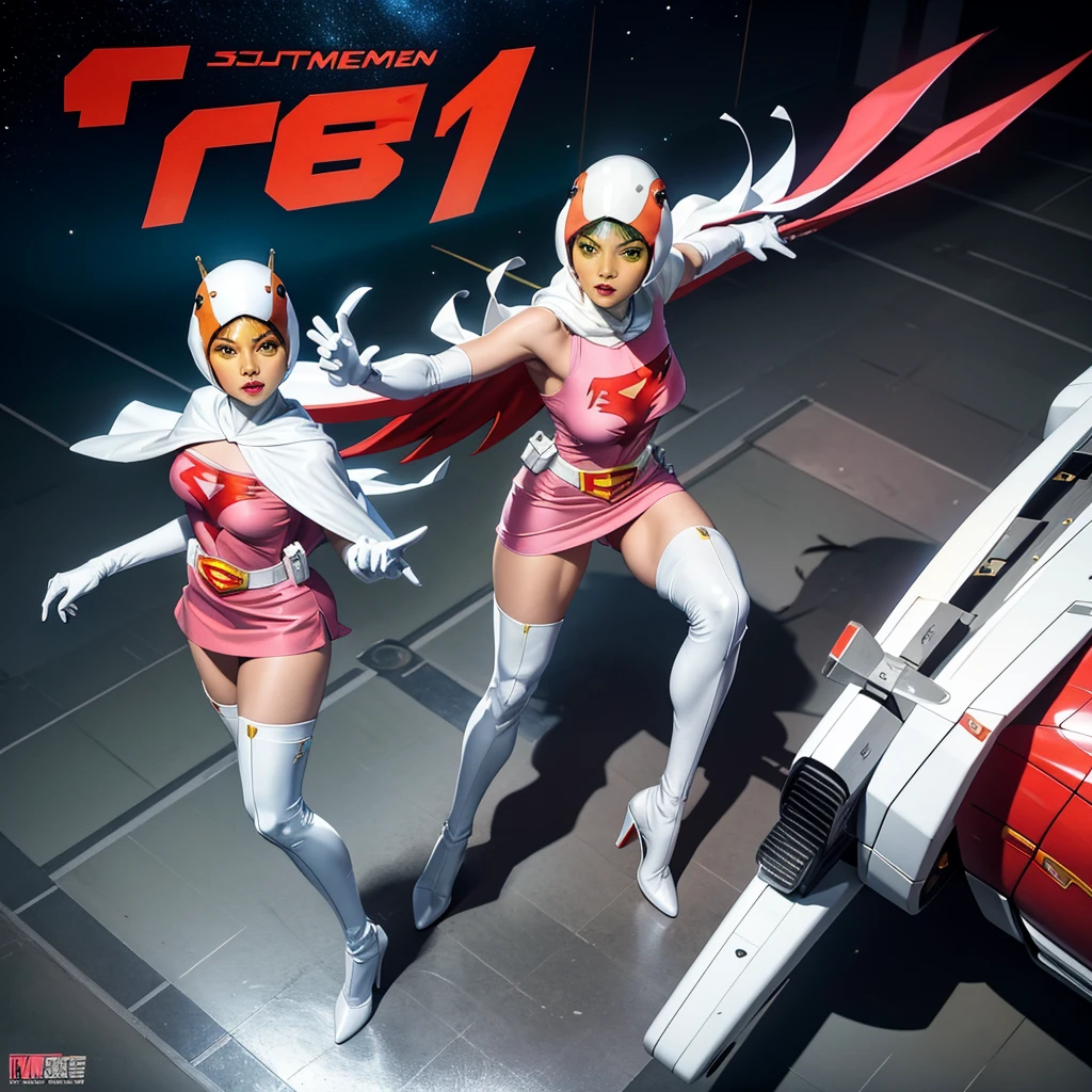ANI_CLASSIC_jun_gatchaman_ownwaifu,1girl, ,good anatomy, masterpiece, best quality,realistic, hyperrealistic, 16k hdr, long hair,breasts,green eyes,lips,large breasts,lipstick,makeup,gloves,cape,helmet,belt,elbow gloves,white gloves,mask,ultra miniskirt,leotard,spacesuit,white tight overknee highheels boots,pink dress,superhero,bodysuit,cleavage,erected nipples,(sexy pose,view from above),(spread legs:1.1),cameltoe