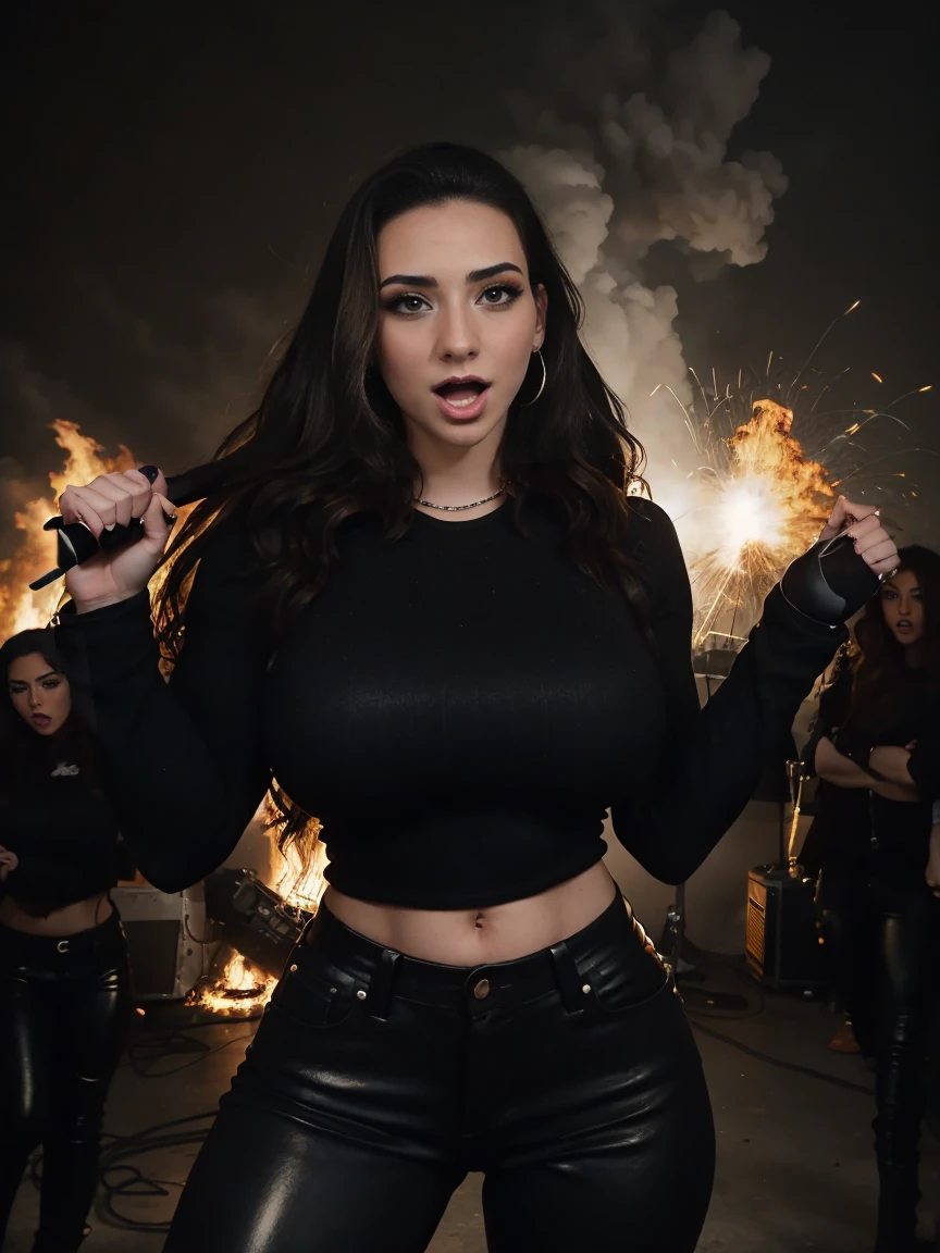 Extremely busty thin and toned brunette death metal singer, college girl, fair skin, big hair, hair pulled back, soft face, athletic, heavy makeup, piercings, black leather, studs, long sleeve black top, boots, fingerless gloves, tight pants, chains. standing on a stage, pyrotechnics, holding a microphone, metal concert. (microphone, fist in the sky), angry, rage, screaming. Heavy metal. Death metal. Explosions, fire.