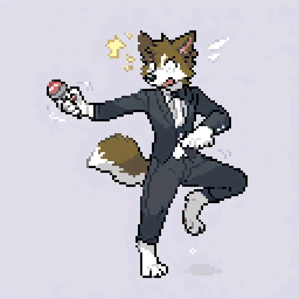 canid, canine, canis, mammal, mythological_canine, were, werecanid, werecanine, border_collie, black_nose, black_suit, black_pants, white_tie, holding_cocktail_shaker, cocktail_shaker, standing_on_one_leg, wobbling, male, fingers, fluffy, fluffy_tail, fur, thin_anthro, full_body, shocked_expression, solo, digital_media_(artwork), hi_res, masterpiece,