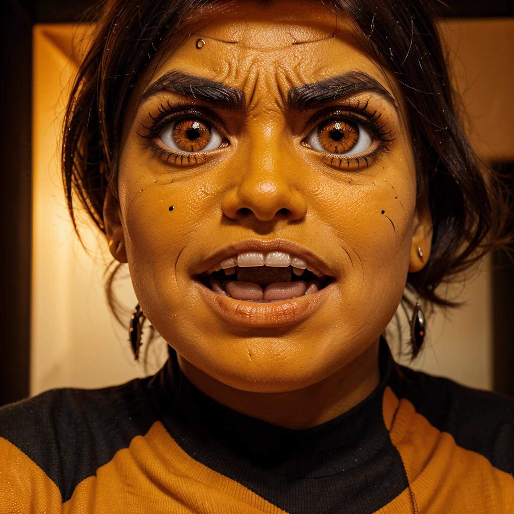 floating orange cube with orange skin, big angry eyes, one pupil black and the other orange with black iris. Big mouth and big teeth, frowning and big square eyebrows. Toon style