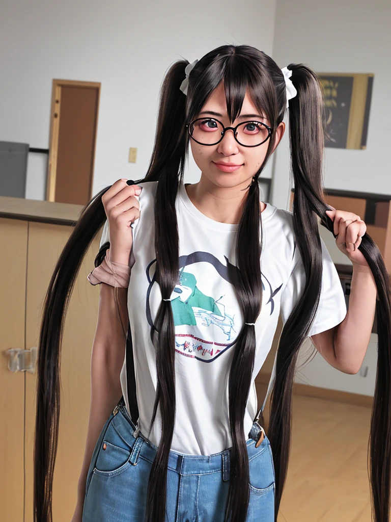 Top quality, 1 beautiful woman, (Absurdly Long Hair:1.3), ((Twintails)), wearing T-shirt, overall, glasses, 50mm lens, f/1, at Camp