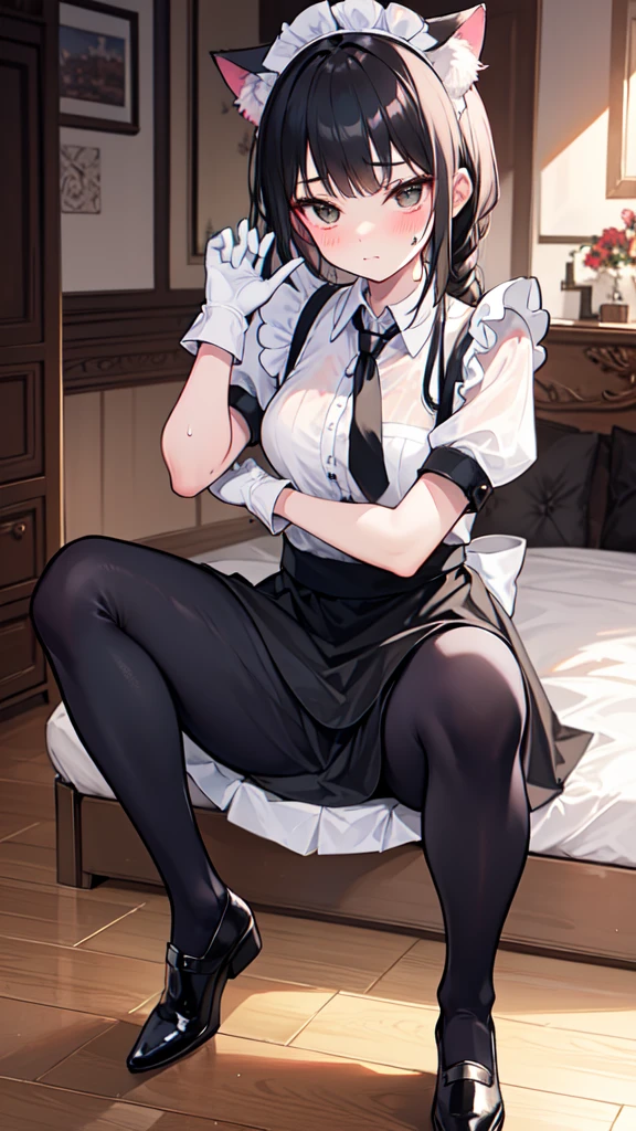 18-year-old boy，cute，Wear the maid outfit and a black work tie，Wear a maid hat，Wear cat ears，Wear black pants，Wear black booties，Wear white gloves，Black hair，Black eyes，blush，sweat，porn pose