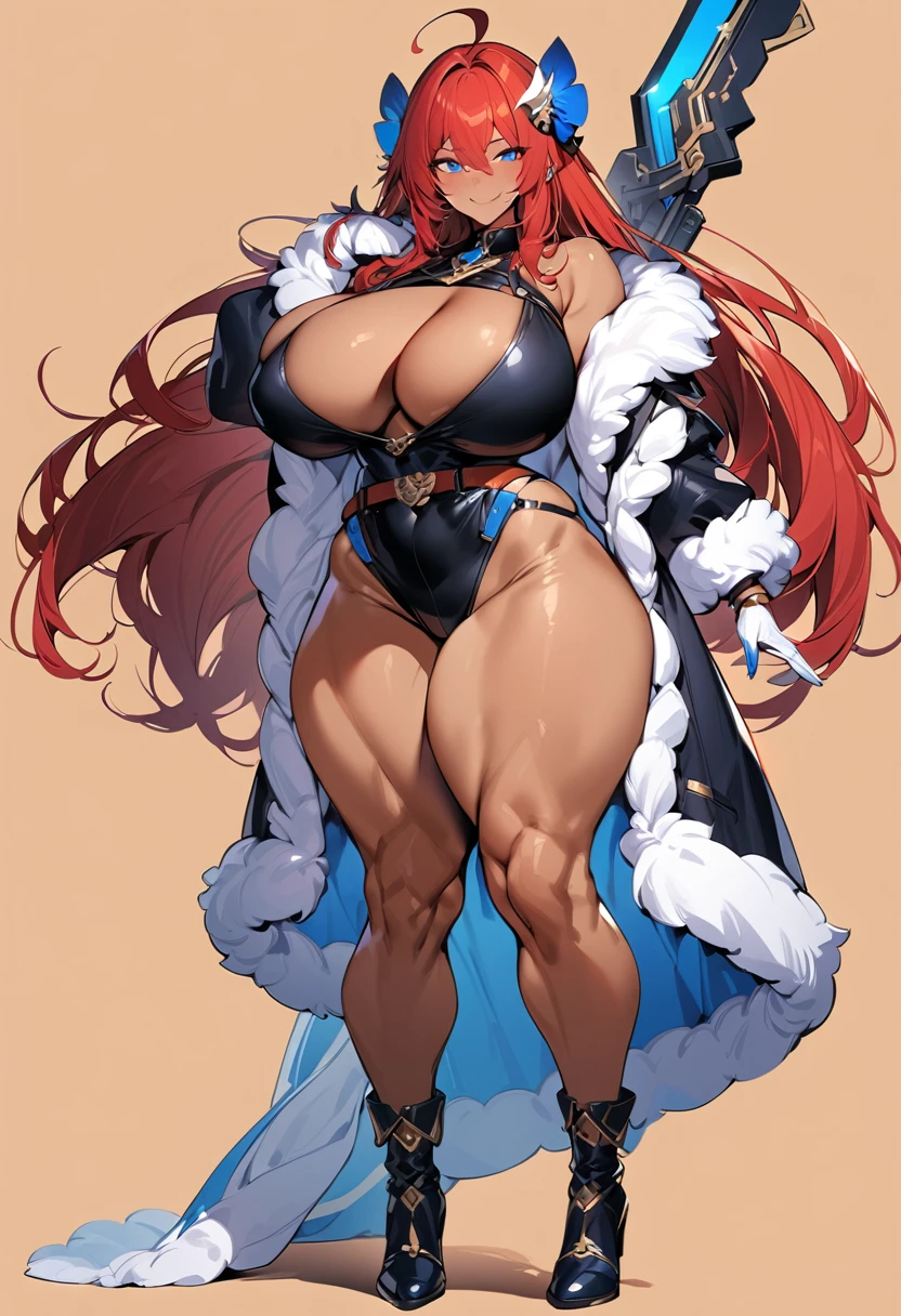 (masterpiece:1.2), (highest quality:1.2), 1gir, solo, breasts, red-hair, blue-eyes, dark-skinned-female, ((dark-skin)), huge-breasts, muscular-femal, smile, ((simple-background)), thighs, very-long-hair, full-body, thick-thighs, looking-at-viewer, fur-trim, high-heels, boots, over-shoulder, standing, belt, weapon-over-shoulder, hair-ornament, ahoge