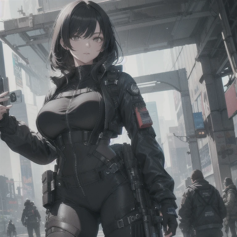 Absurd resolution, high resolution, (masterpiece: 1.4), hyper-detail, 1 woman, black hair, extremely large bust, huge breasts, fullbody covering pilot utility suit, techwear jacket, fitted utility pants, tech harness, near future scifi, cyberpunk asethetic, anime aesthetic