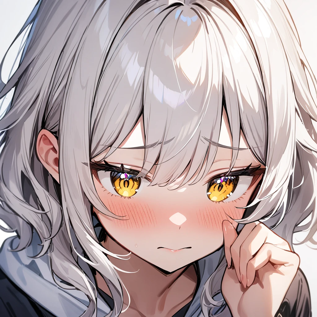 1girl,White hair,shiny hair,shy,yellow eyes,blush ,Detailed eyes,masterpiece,best quality,very aesthetic,absurdres 