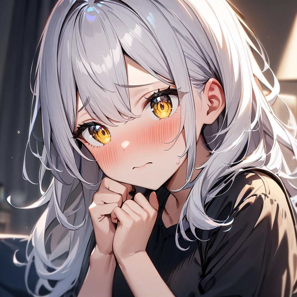 1girl,White hair,shiny hair,shy,yellow eyes,blush ,Detailed eyes,masterpiece,best quality,very aesthetic,absurdres 