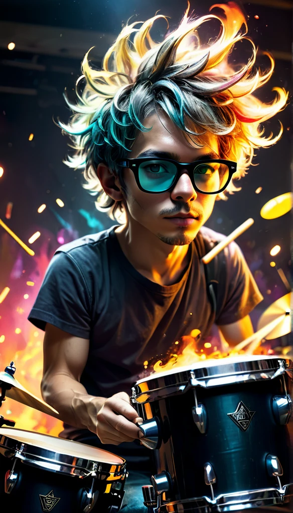 a wild musician in his music studio, playing a set of drum in 正面 him like crazy, cute rocker, cool futuristic glasses, earphone, garbage collector fluorescent vestdetailed texture, Ablaze, 正面, awarded photo, extremely detaild, splendid, inspired by young Stewart Copeland, finely detail, arte de Lee Jeffries e Alberto Seveso, a magically fantastic work of art, MWS, Low angle, rich colors, hyperrealisti, contrast and sharpness, line curve and shape, realistic texture, dramatic lighting, cinematic, ultra hd 8k, uncanny