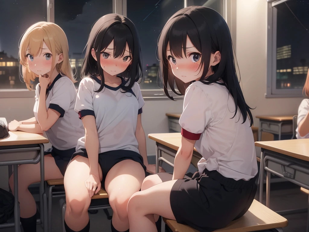 4 girls, inside a classroom, ((nighttime, midnight, dark sky, black sky)), arms on desk,(sitting:1.5), (((blushing, worried, anxious))), ((behind desks, sitting, one girl per desk)), (tight clothing, short sleeves, gym uniform, minishort), perfect body, perfect face, beautiful face, detailed face, beautiful eyes, detailed eyes, image taken from inside