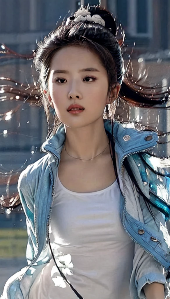 (masterpiece), (best quality), (ultra detailed),(disheveled hair),(illustration), (1girl), (Fashionable clothing), standing, Fashion model, looking at viewer, (interview), (simple background),beautiful detailed eyes, delicate beautiful face, Floating,(high saturation),(colorful splashes),colorful bubble,(shining), focus on face, ponytail, kamisato ayaka, light blue hair, bangs, hair ring, floating flowers, floating hairs, (shining), best lighting, best shadow,