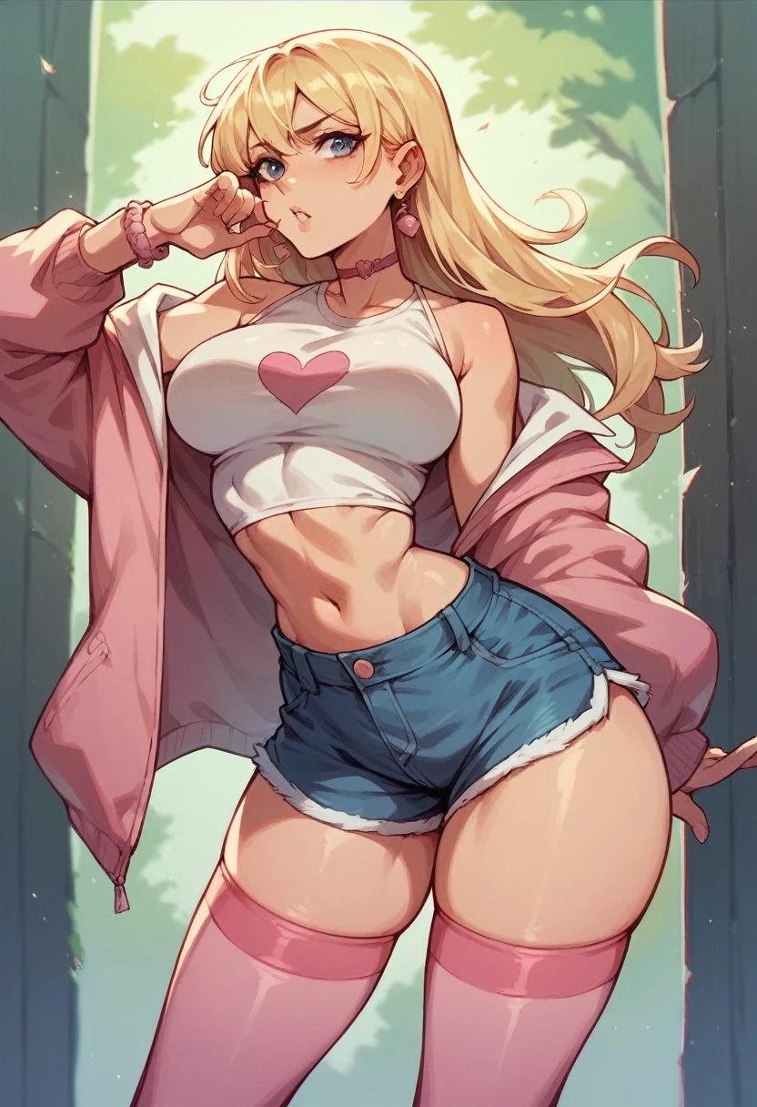 Blonde girl with breasts and big butt, small waist, a pink blouse and shorts and long pink stockings