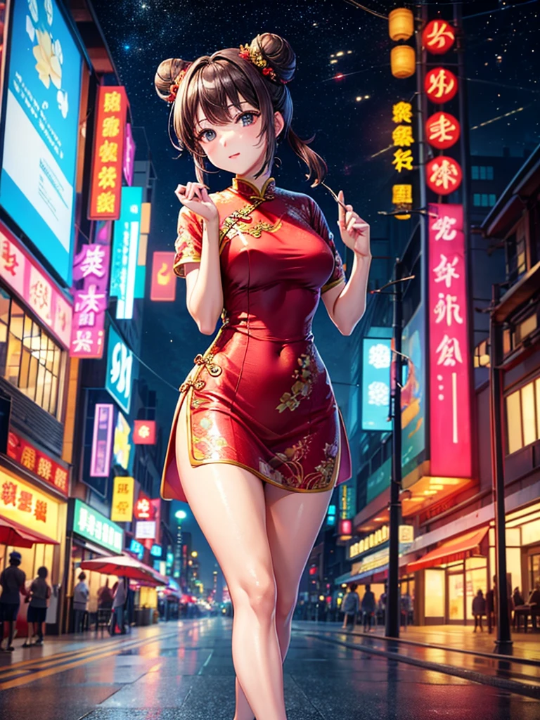 Highest quality,Highest Resolution,Beautiful girl in cheongsam,Walk through the downtown area at night,Bun Hair,