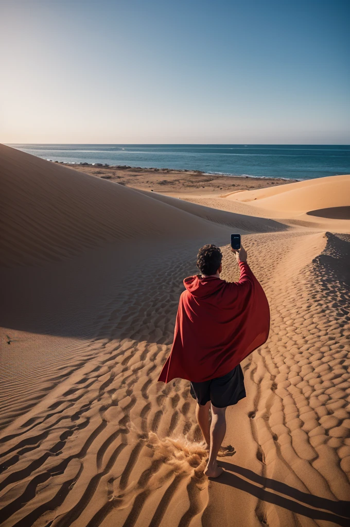 moisés, standing in the middle of a sandy path that stretches across the desert, holds your cell phone with a determined expression. Ao fundo, the waves of the Red Sea part dramatically, showing a narrow corridor of separate waters. The sky is dramatically lit and people around are watching, amazed, the miracle happens. moisés está capturando o momento único com uma selfie, his cape blowing in the wind as he smiles victoriously.