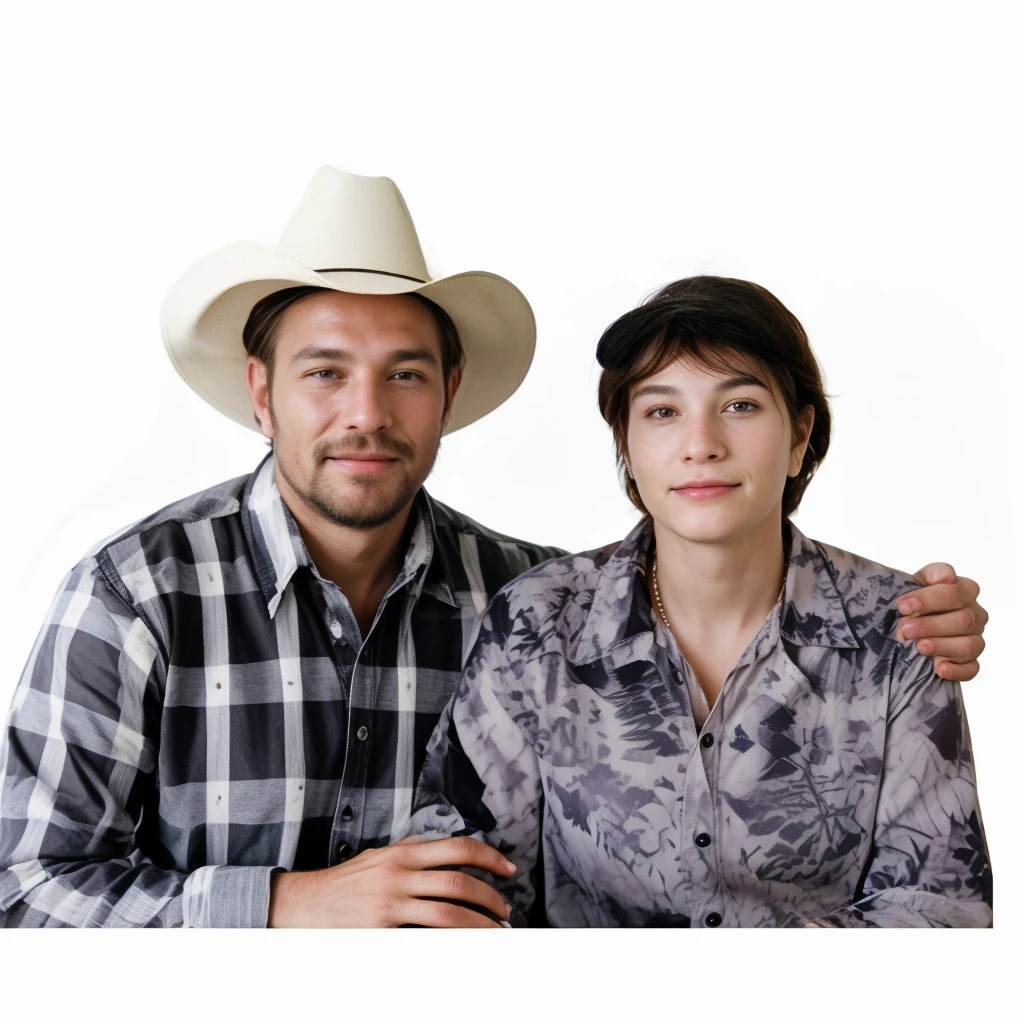 They are posing for a photo with a cowboy hat., couples portrait, portrait of two people, A Man and a Woman