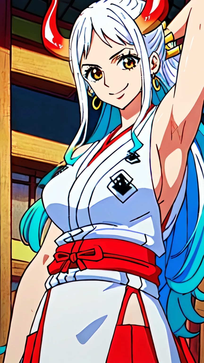 (masterpiece, best quality, high , 8k:1.2), Anime, Yamato, White hair, Earrings, 1 girl, Smiling, Colorful hair, Horns, Side boob, Green hair, Long hair, Cowboy shot, Solo, (Japanese clothing, Armpits, Sleeveless, Bare shoulders, Sleeveless kimono, Jewelry, Large breasts, Red hakama, Shimenawa:1.2)