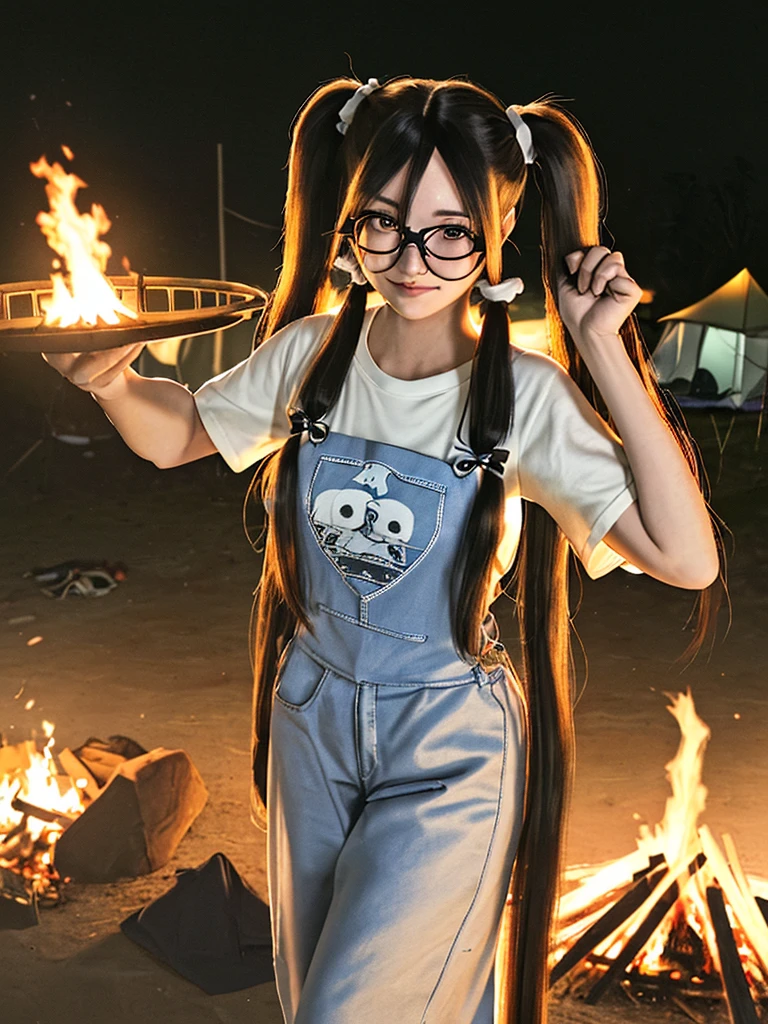 Top quality, 1 beautiful woman, (Absurdly Long Hair:1.3), ((Twintails)), wearing T-shirt, overall, glasses, 50mm lens, f/1, 
bonfire, Night, at camp site