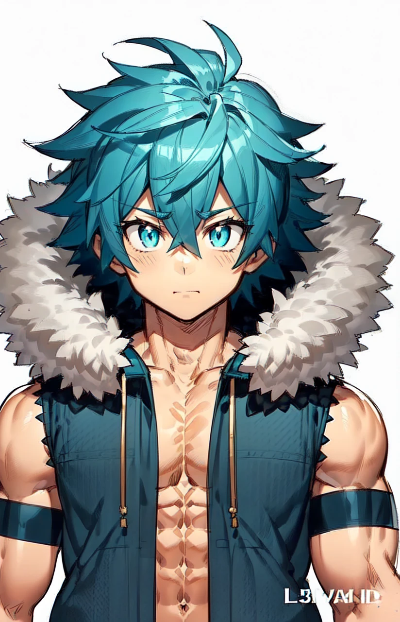 ((rough expression)), ((light skin)), ((young muscular male)), ((bodybuilder)) ,((cute young face)),((toned six abs)), boy, 1boy, beautifully drawn, high resolution illustration, best quality, High definition, ((detailed anime sketch)), Masterpiece, (solo), absurdres, portrait, ((upper body)), ((close-up)), ((turquoise hair)), ((spiked hair)), detailed background, fine detail, male focus, HDR, ((short hair)), ((turquoise eyes)), ((without shirt)), ((looking for his own muscular body)), blushing, ((3d art))