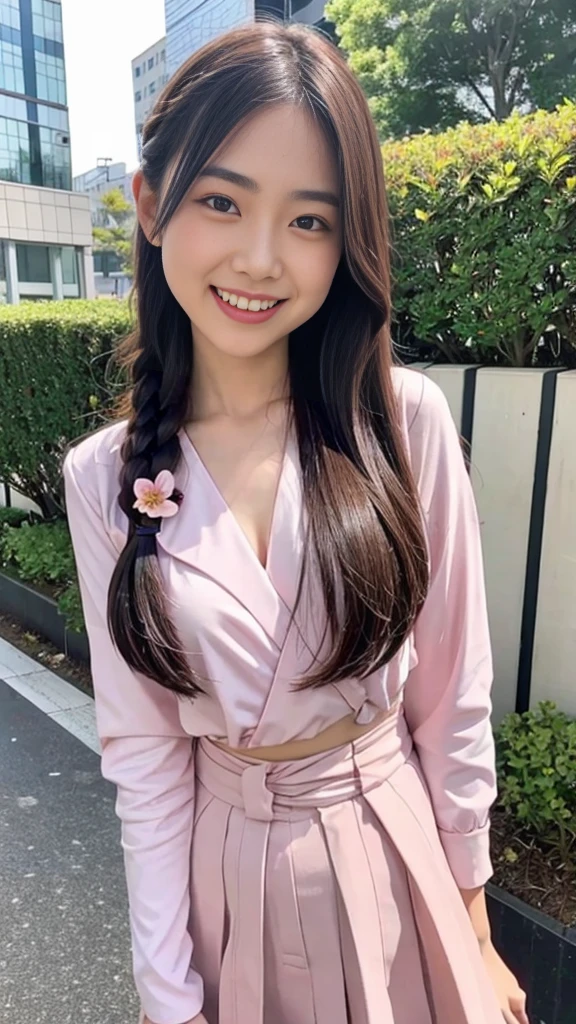 Raw photo、Ultra-realistic、Ultra detailed face、Detail lips、Detailed eyes、High school girl smiling showing her teeth、Long Hair:1.1、chest、Visible curves、Laughing with your mouth open 、Tokyo city角、 Whole body、( Slender body)、(Long Hair)、Big Breasts、Idol、(pastel colour)、18-year-old、Small face、Braid、 Tokyo city、Long beautiful legs 1.2、Curved waist、flower、uniform、blouse