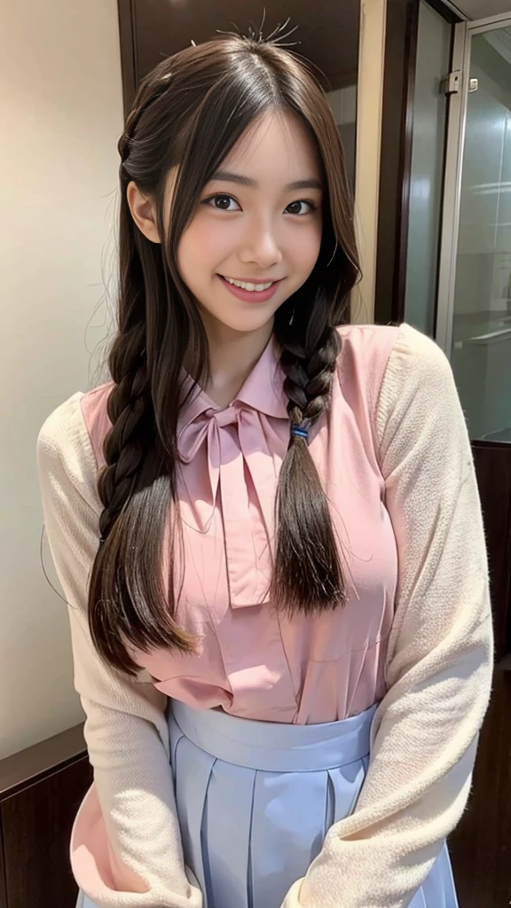 Raw photo、Ultra-realistic、Ultra detailed face、Detail lips、Detailed eyes、High school girl smiling showing her teeth、Long Hair:1.1、chest、Visible curves、Laughing with your mouth open 、Tokyo city角、 Whole body、( Slender body)、(Long Hair)、Big Breasts、Idol、(pastel colour)、18-year-old、Small face、Braid、 Tokyo city、Long beautiful legs 1.2、Curved waist、flower、uniform、blouse