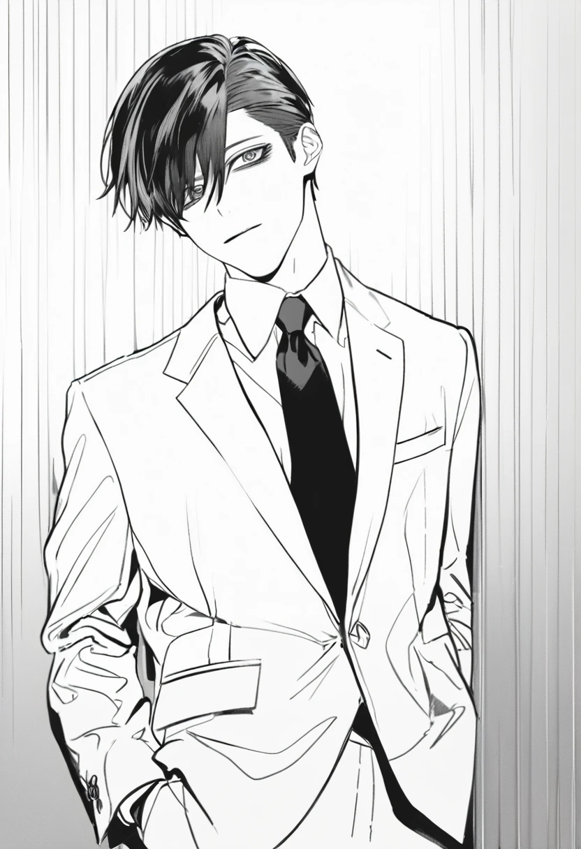 yuto-sano, 1boy, Kaneki, black hair, black suit, white uniform, elegant, monochrome, solo, greyscale, male focus, looking at viewer, ((short hair)), ((slick back))