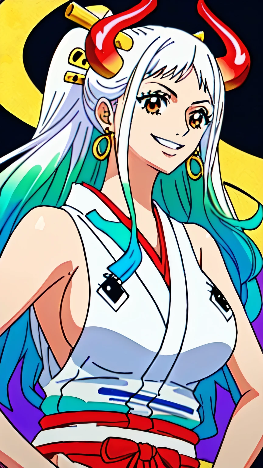 (masterpiece, best quality, high , 8k:1.2), Anime, Yamato, White hair, Earrings, 1 girl, Smiling, Colorful hair, Horns, Side boob, Green hair, Long hair, Cowboy shot, Solo, (Japanese clothing, Sleeveless, Bare shoulders, Sleeveless kimono, Jewelry, Large breasts, Red hakama, Shimenawa:1.2)