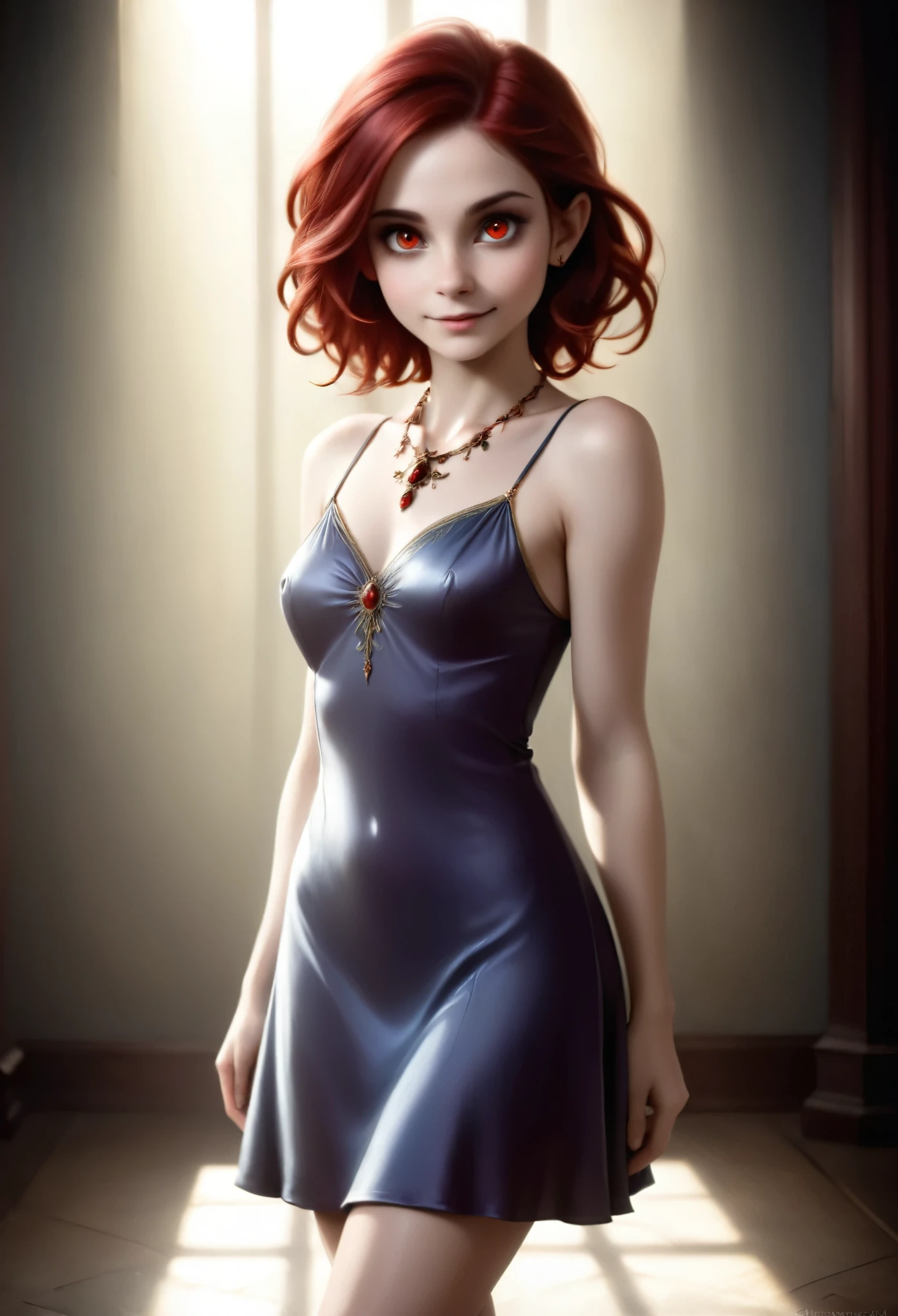 (Realisttic:1.2), analog photo style, (cute goblin wooman looking like elf, intensed red eyes, surrounded by a gloomy antique setting), (her full body s a visual pleasure), faint smile, soft shading expresses beautiful skin texture, silk material, elegant dress, Graceful curve from ankle to toe, leather pumps, light reflection on the floor, ornate embroidery and embellishments, an elegant necklace, thin bracelets on the wrist, rich and lustrous hair, three dimensional effect, gloomy dark atmosphere, play of light in the sun rays, a delicate balance between beauty and darkness, faded colours, great quality, Masterpiece, intricate fantasy background, naturally cinematic light, 16k quality, HDR, RAW photo