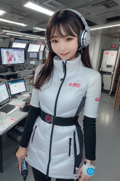 masterpiece, Highest quality, Very detailed, 8K Portrait,Japanese Android Girl,plump , Control panel,Robotic arms and legs, Blunt bangs,,break (Metallic Gray, Metallic luster, Mirror finish, Astro Best):5,headphone:5,break (Black sleeves):100,Smart Watches,Futuristic space station,Control Room,break headphone,blue eyes,(Black Hair):2,(Long Hair):1.3,Displaying the viewer,(respirator),break blush:3,Hidden Hand,smile