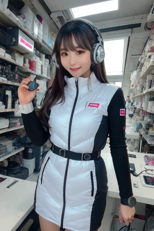 masterpiece, Highest quality, Very detailed, 8K Portrait,Japanese Android Girl,plump , Control panel,Robotic arms and legs, Blunt bangs,,break (Metallic Gray, Metallic luster, Mirror finish, Astro Best):5,headphone:5,break (Black sleeves):100,Smart Watches,Futuristic space station,Control Room,break headphone,blue eyes,(Black Hair):2,(Long Hair):1.3,Displaying the viewer,(respirator),break blush:3,Hidden Hand,smile