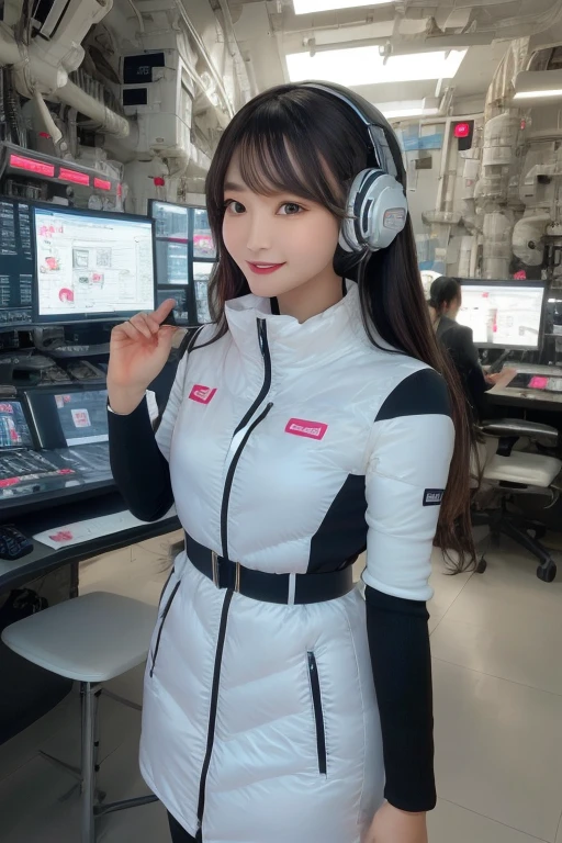 masterpiece, Highest quality, Very detailed, 8K Portrait,Japanese Android Girl,plump , Control panel,Robotic arms and legs, Blunt bangs,,break (Metallic Gray, Metallic luster, Mirror finish, Astro Best):5,headphone:5,break (Black sleeves):100,Smart Watches,Futuristic space station,Control Room,break headphone,blue eyes,(Black Hair):2,(Long Hair):1.3,Displaying the viewer,(respirator),break blush:3,Hidden Hand,smile