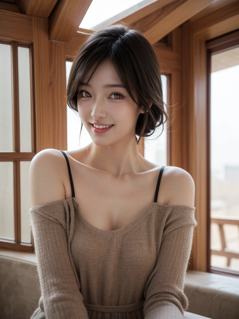 masutepiece, Best Quality, Illustration, Ultra-detailed, finely detail, hight resolution, 8K Wallpaper, Perfect dynamic composition, Beautiful detailed eyes, doress,Medium Hair, mid-chest, Natural Color Lip, Random and sexy poses,Smile,Tower Mansion