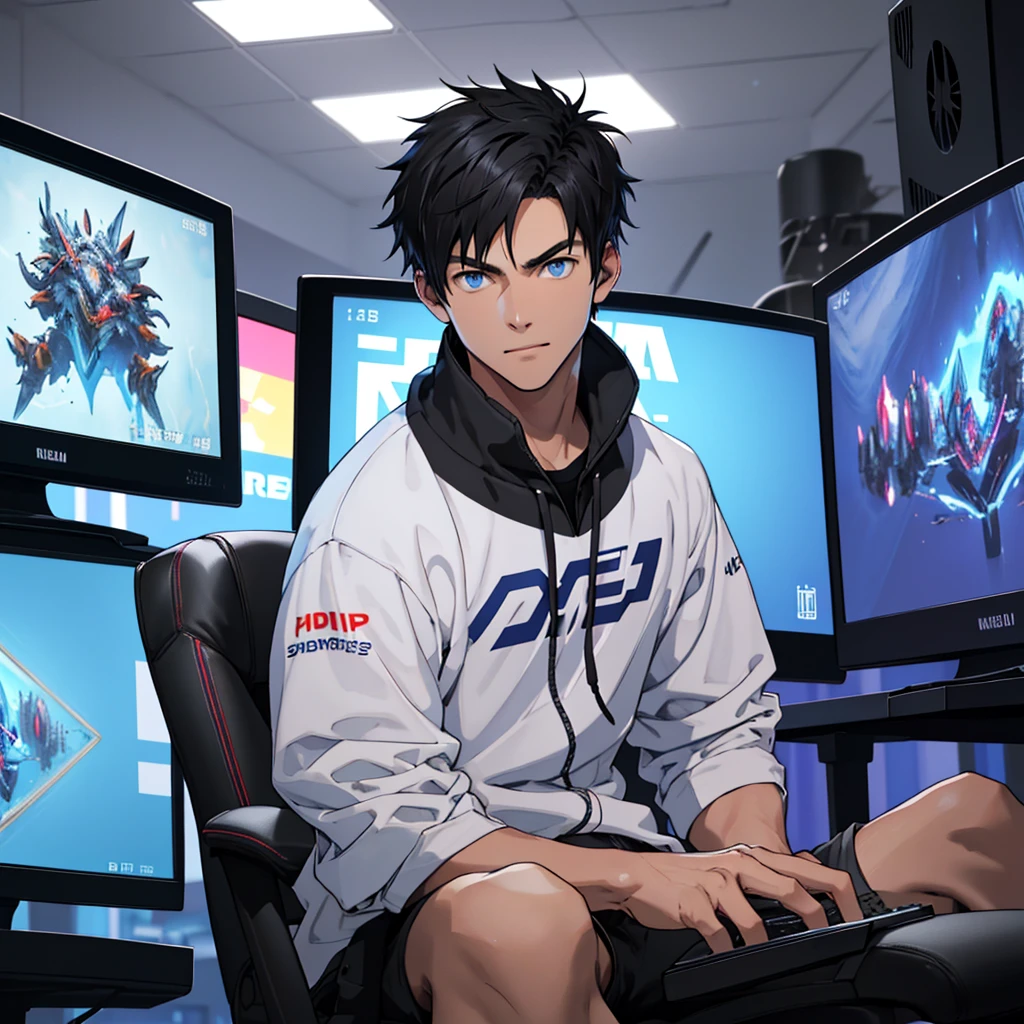 Best quality: 1.0), (Super High Resolution: 1.0), photo real short black hair, blue eyes, sitting in front of computer playing games, background in esports room,