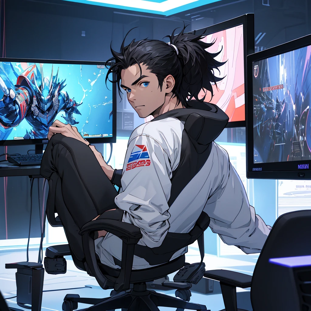 Best quality: 1.0), (Super High Resolution: 1.0), photo real short black hair, blue eyes, sitting in front of computer playing games, background in esports room,