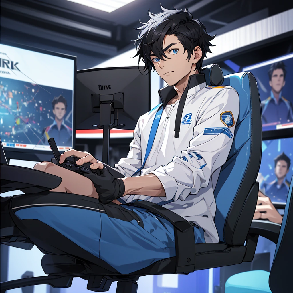 Best quality: 1.0), (Super High Resolution: 1.0), photo real short black hair, blue eyes, sitting in front of computer playing games, background in esports room,