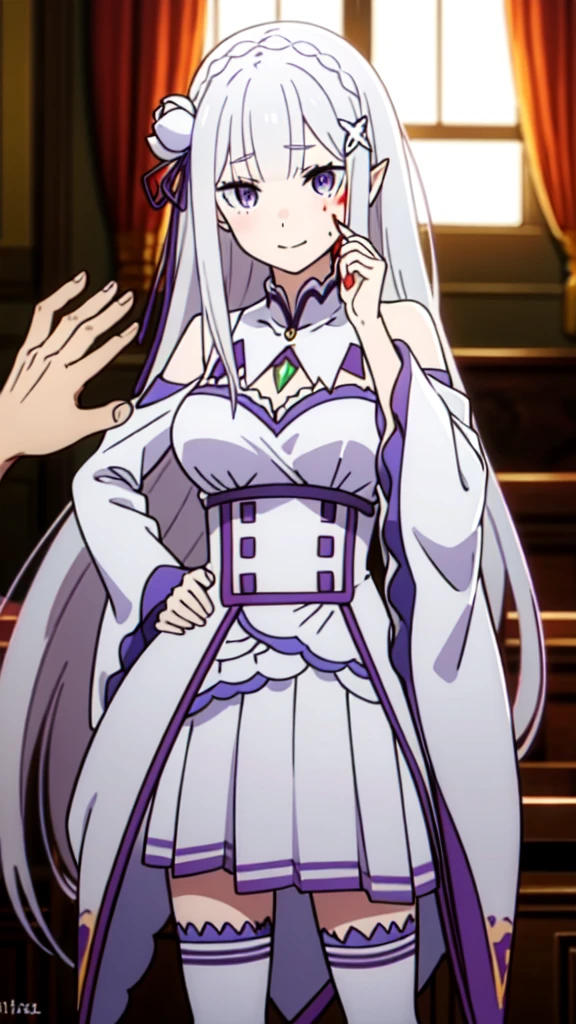 Absurd, High resolution, Super detailed, Emilia, Gray Hair, Purple eyes, Long Hair, Medium chest, Hair Flowers, X Hair Ornament, Hair Ribbon, White Dress, Detachable collar, Wide sleeves, White knee socks, Open your mouth, smile, Yandere trance, Yandere, View your viewers, Shadowed face, put your hand on your face, There was blood on my face., Put your hand on your cheek, From below, indoor, Ishigaki, 