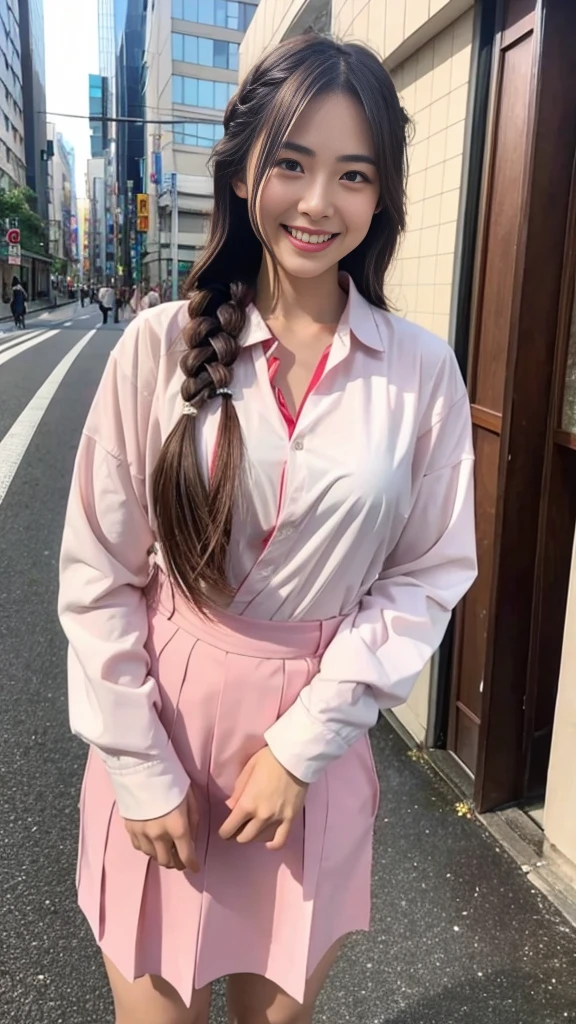 Raw photo、Ultra-realistic、Ultra detailed face、Detail lips、Detailed eyes、High school girl smiling showing her teeth、Long Hair:1.1、chest、Visible curves、Laughing with your mouth open 、Tokyo city角、 Whole body、( Slender body)、(Long Hair)、Big Breasts、Idol、(pastel colour)、18-year-old、Small face、Braid、 Tokyo city、Long beautiful legs 1.2、Curved waist、flower、uniform、blouse