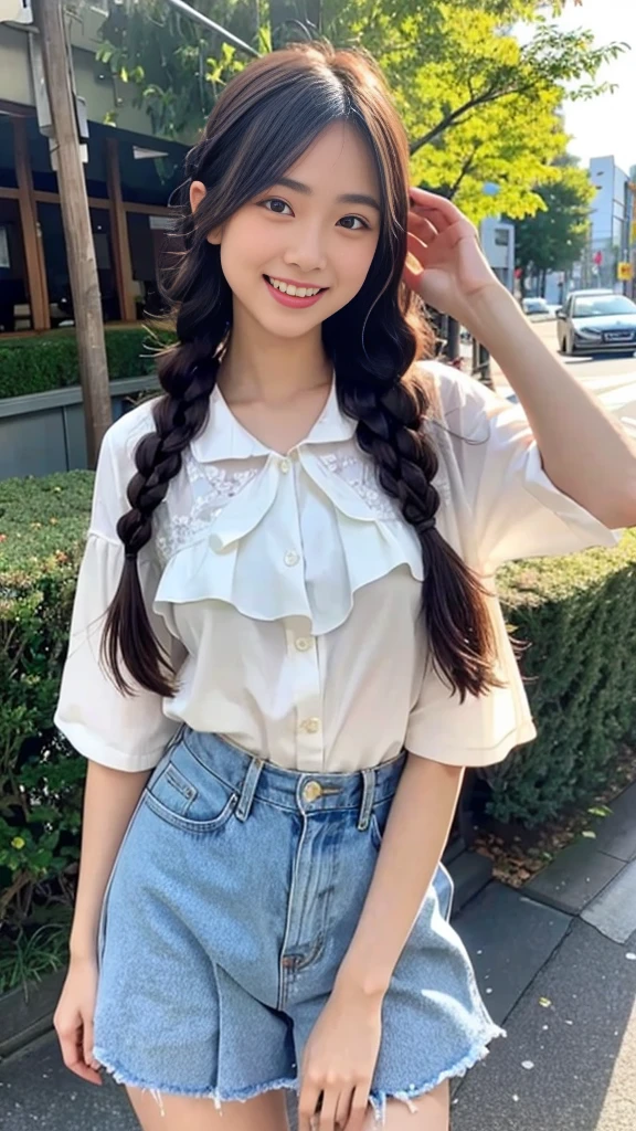 Raw photo、Ultra-realistic、Ultra detailed face、Detail lips、Detailed eyes、High school girl smiling showing her teeth、Long Hair:1.1、chest、Visible curves、Laughing with your mouth open 、Tokyo city角、 Whole body、( Slender body)、(Long Hair)、Big Breasts、Idol、(pastel colour)、18-year-old、Small face、Braid、 Tokyo city、Long beautiful legs 1.2、Curved waist、flower、uniform、blouse