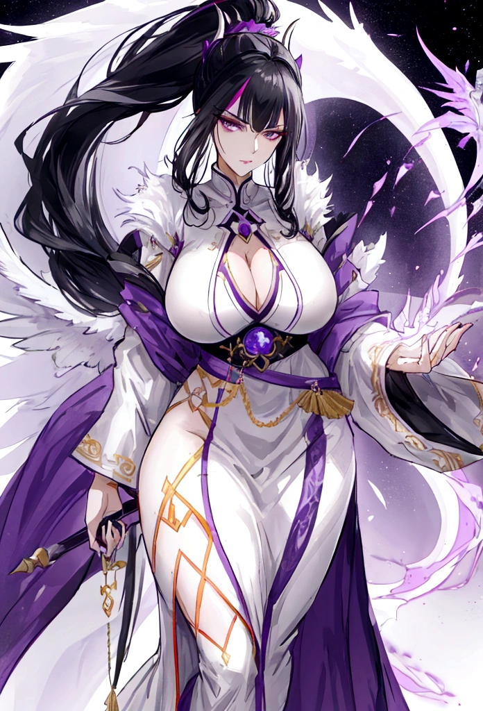 Mature tall woman, black hair with gray streaks, high ponytail, purple eyes, divine light, white goddess clothes, indifferent gaze, lipstick, dragon horns and tail, spears, reference, full height, phoenix