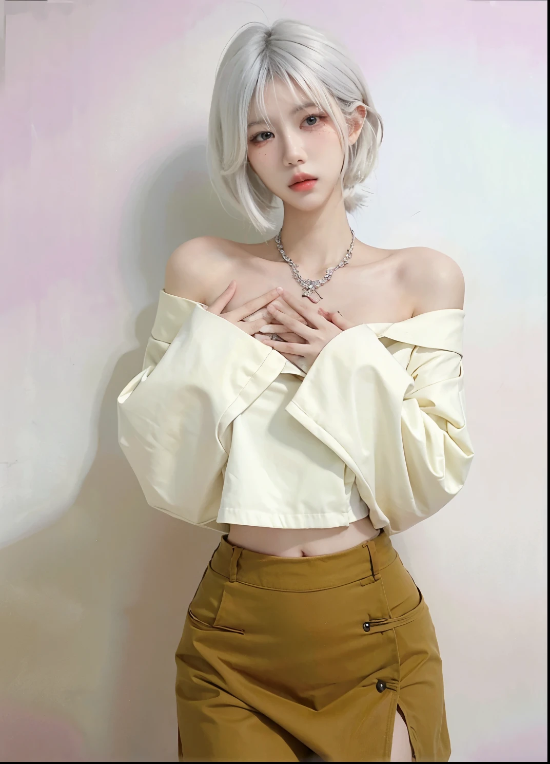 Beautiful woman with perfect figure:1.4,Ultra-high resolution,Put your hands behind your back,White background,(Realism:1.4),Layered hairstyle,White skin,JK:1.5,Super short pleated skirt,whole body:1.4,Very delicate and skin texture,Double eyelids,Skin Whitening,Long hair,White hair