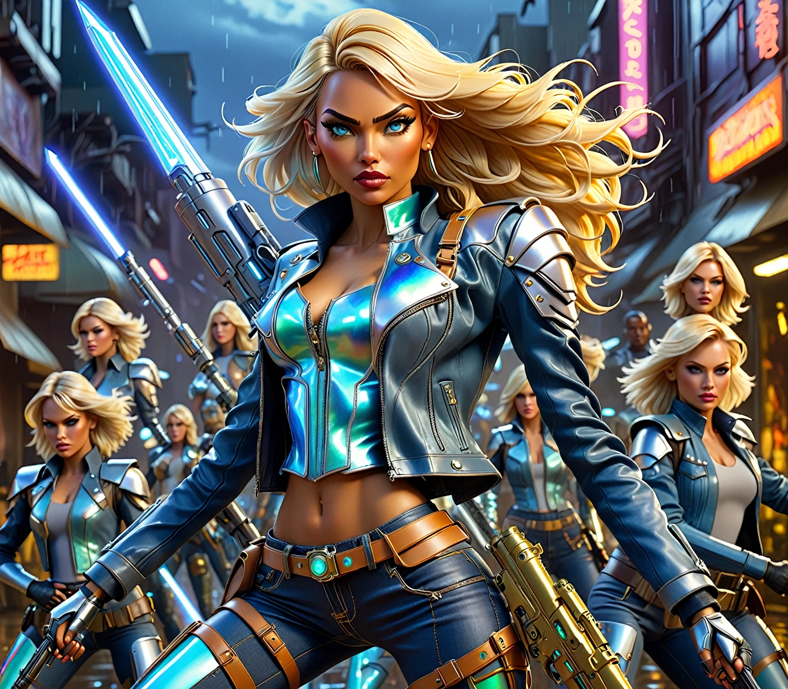 A cyborg boss lady commanding a troop of fighting california tan blondes, all dressed in fashion clothes made with leather and denim, opalescent iridescent fashion accessories, holding retrofuturistic assault riffles, dramatic illumination, cmrainy night