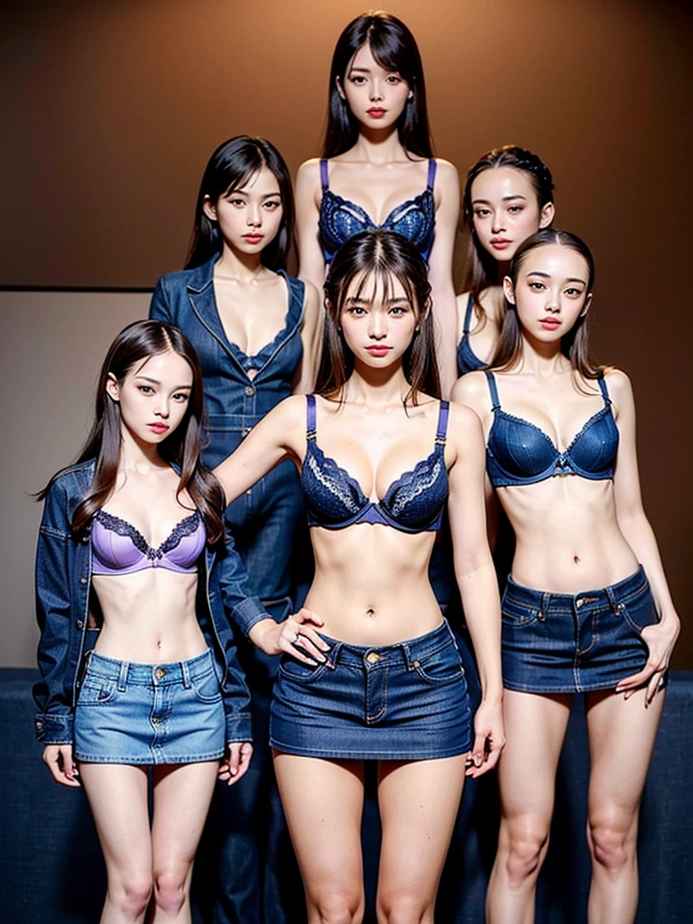 One 18-year-old Japanese woman、A beautiful, symmetrical adult woman with a small face、(9-head small face:1.8)、A beautiful, symmetrical woman with a small face、(9-head small face:1.8)、Super slim body、Narrow waist、Hourglass system、Long, shiny, straight hair down to the waist、Long straight bangs、(Brown hair that is too bright and noticeable:1.8)、A branded purple lucky bra、(Luxury purple bra:1.8)、Plain navy denim mini skirt、(Plain navy denim micro mini skirt:1.8)、Slim, long, beautiful bare legs、(Beautiful legs:1.8)、large and beautiful udder、bare clavicle、Naked shoulders、Deep cleavage、(Exhibitionism is high:1.8)、(She was only wearing two clothes: a bra and a miniskirt.:1.8)、(I&#39;m not wearing anything else.:1.8)、(Nothing else is wearing:1.8)、(No anatomical abnormalities:1.8)、(She looks at the viewer with her beautiful eyes and a genuine expression of adoration.:1.8)、(Always be alone in the photo:1.8)、(One adult female:1.8)、(No anatomical abnormalities:1.8)、(One adult femaleだけしか写っていない:1.8)、(One adult female:1.8)、